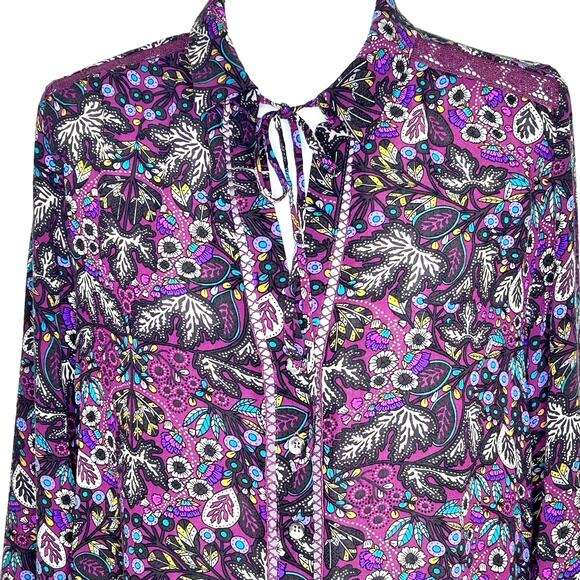 Maeve Janie Purple Floral Leaf Print Peasant Boho Ruffle Hem Blouse - Picture 2 of 11
